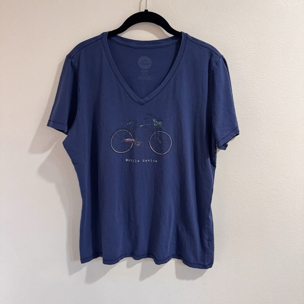 Life is Good T-shirt Womens L Classic Fit Bike Bicycle Mobile Device V-neck Blue